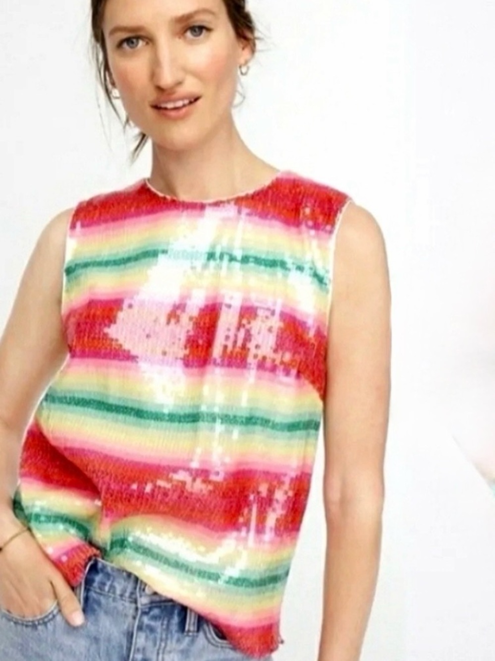 New ! J.CREW Watermelon Rainbow Preppy Bling Party Sequins Sleeveless Top L
